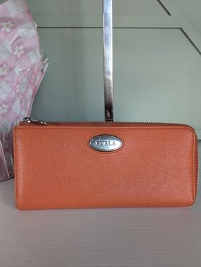 Furla Coral Orange Zip Wallet with Silver Logo